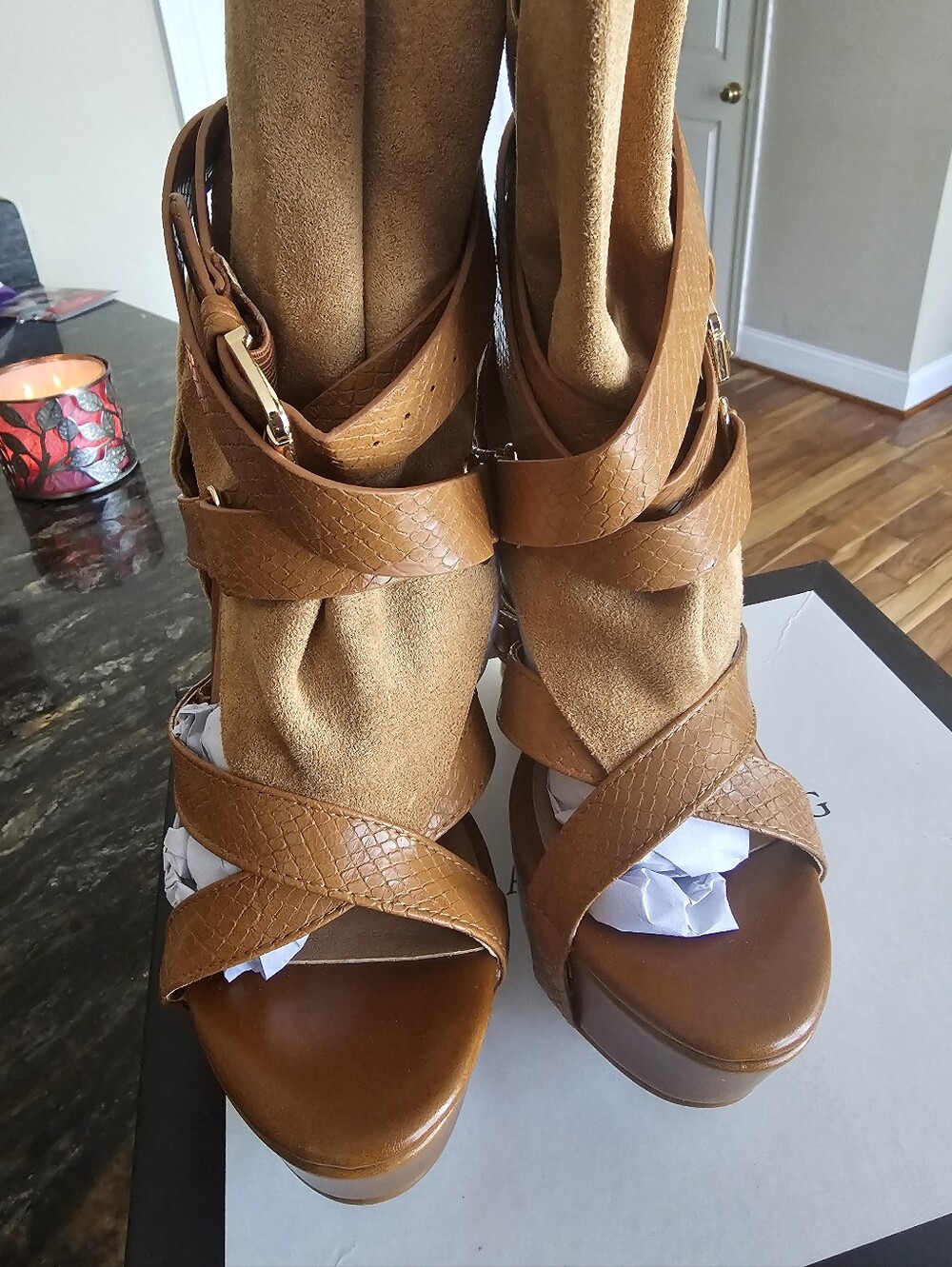 Brown Strappy Platform Heeled Sandals
